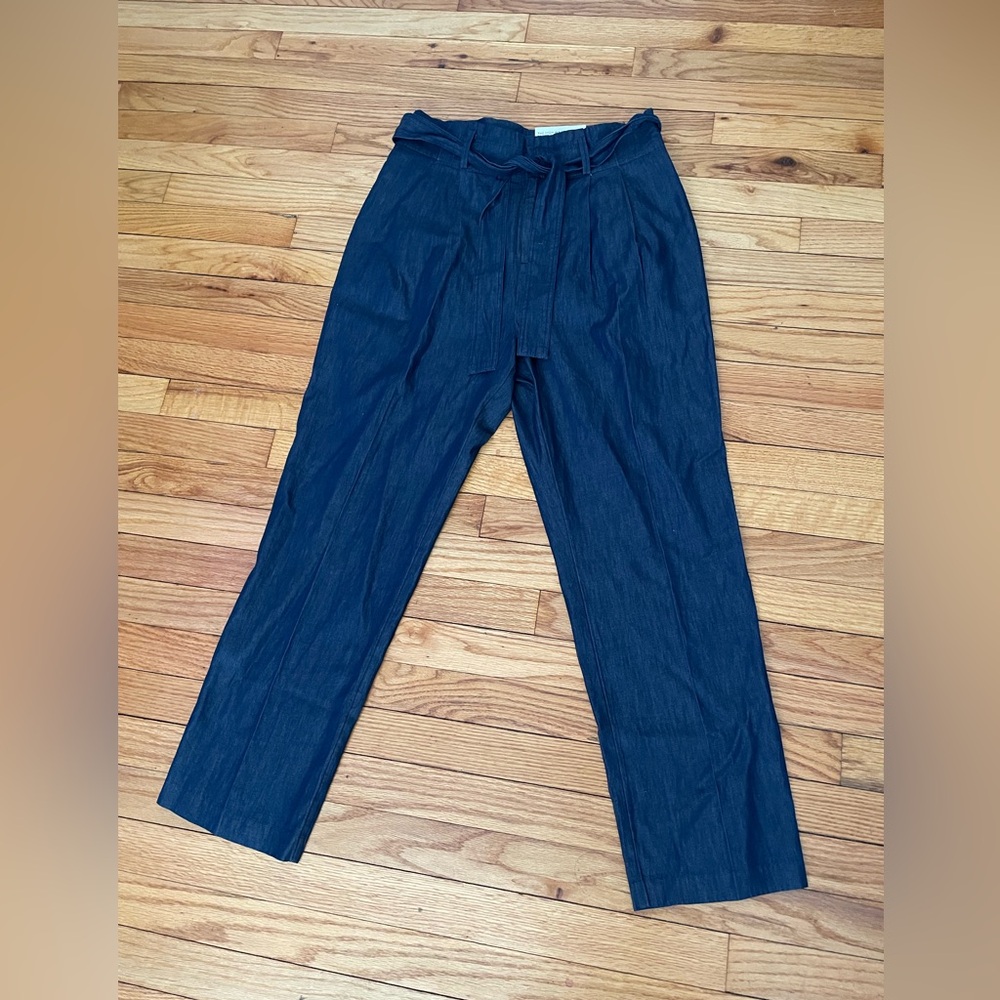 NWT Ann Taylor High Rise Tapered Pleated Pinstriped Belt Cotton Trousers pants M